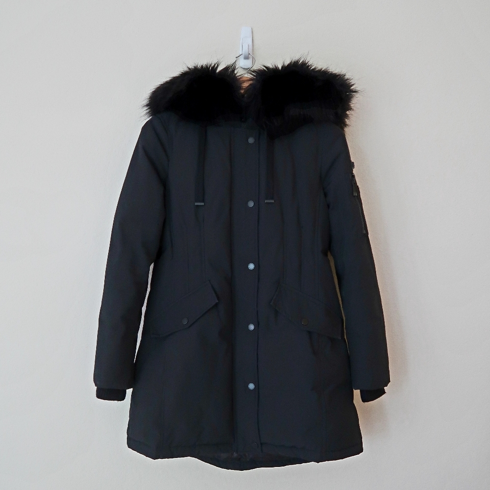 BCBGMAXAZRIA Hooded Long Black Winter Coat Black